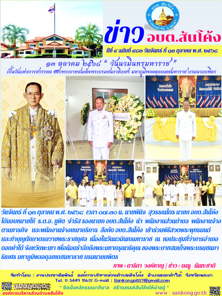 อบต.สันโค้ง  เข้าร่วมพิธีสวดพระพุทธมนต์  และทำบุญตักบาตรถวายพระราชกุศล  เนื่องในวันนวมินทรมหาราช  ณ  หอประชุมที่ว่าการอำเภอดอกคำใต้ จังหวัดพะเยา