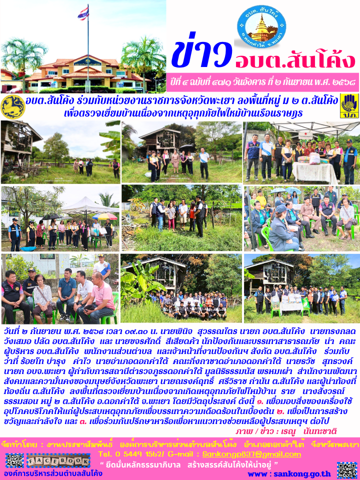 อบต.สันโค้ง ร่วมกับหน่วยงานราชการจังหวัดพะเยา ลงพื้นที่หมู่ ม ๒ ต.สันโค้ง  เพื่อตรวจเยี่ยมบ้านเนื่องจากเหตุอุทุกภัยไฟไหม้บ้านเรือนราษฎร